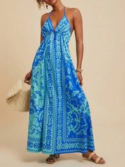 Bohemian Floral Print Halter Maxi Dress