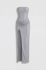 Embellished Bandeau Cowl-Waist Maxi Dress in Frost