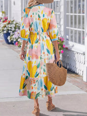 Multicolour Floral Doodle Print Striped Trim V Neck Midi Dress
