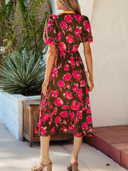Floral Print Split Neck Short Puff Sleeve Ruffle Hem Dress