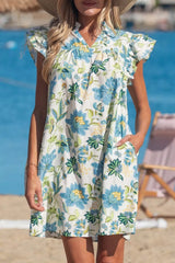 Floral Print V Neck Triple Ruffle Short Sleeve Shift Mini Dress