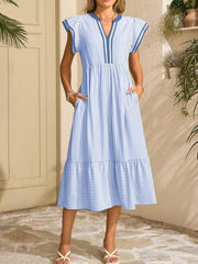 Striped Notched Ruffle Sleeve Dress