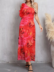 Floral Print One Shoulder Ruffle Trim Dress
