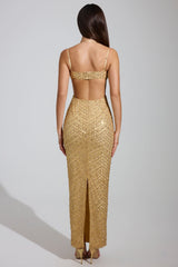 Embellished Cowl-Neck Maxi Dress in Gold