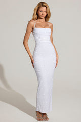 Embellished Cowl-Neck Maxi Dress in White