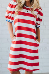 Striped Puff Sleeve Casual Mini Dress