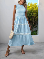 Striped Smocked Sleeveless Tiered Midi Dress