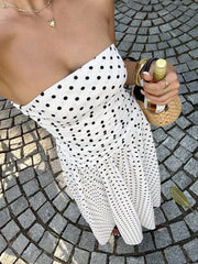 Polka Dot Ruched Strapless Maxi Dress