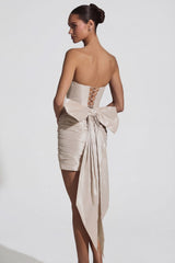 Satin Bow-Detail Strapless Mini Dress in Ivory