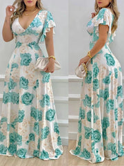 Floral Print V-Neck Ruffle Sleeve Maxi Dress