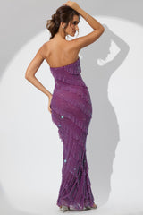 Embellished Bandeau Ruffle Maxi Dress in Plum
