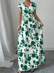 Printed Surplice Cap Sleeve Maxi Dress