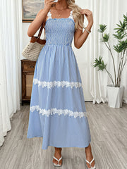 Striped Smocked Lace Trim Midi Dress