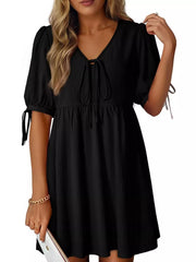 Tie-Neck Puff Sleeve A-Line Mini Dress