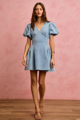 SO ME Bubble Sleeves Denim Fit And Flare Mini Dress