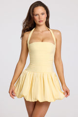 Halterneck Lace-Up Bubble Hem Corset Micro Mini Dress in Butter Yellow