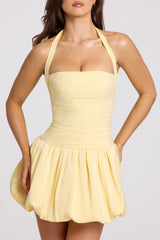 Halterneck Lace-Up Bubble Hem Corset Micro Mini Dress in Butter Yellow