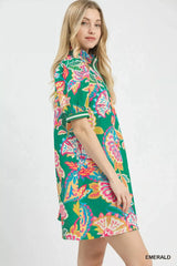 Umgee Jacquard Paisley Print Puff Sleeve Tunic Dress