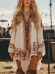 Lace Trim Long Sleeve Mini Dress