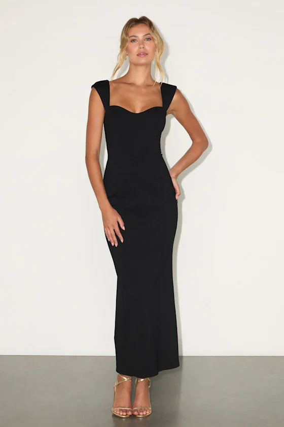 Samai Black Cap Sleeve Bodycon Midi Dress