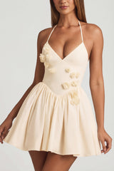 Halterneck Floral-Appliqué Corset Mini Dress in Ivory