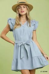 Umgee Chambray Ruffled Denim Dress with Side Pockets
