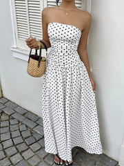 Polka Dot Ruched Strapless Maxi Dress