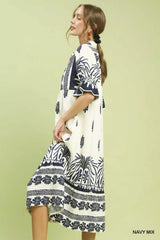 Umgee Border Print Midi Dress with Puff Sleeves