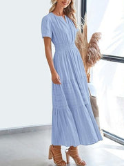 Notched Short Sleeve Tiered Dress