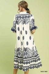 Umgee Border Print Midi Dress with Puff Sleeves