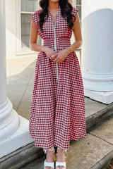 Gingham Zip-Front Midi Dress