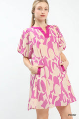 Umgee Abstract Print Puff Sleeve Shift Dress