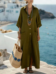 Button Front 3/4 Sleeve Maxi Dress