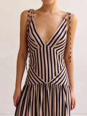 Striped V-Neck Tie-Shoulder Maxi Dress