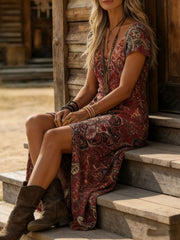 Printed V-Neck Short Sleeve Midi Dress