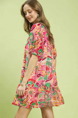 Umgee Abstract Print V-Neck Baby Doll Dress