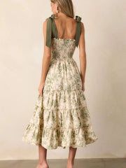 Floral Print Tiered Midi Dress with Tie Straps