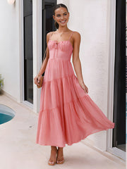 Semi-Sheer Back Smocking Design Tiered Cami Long Dress