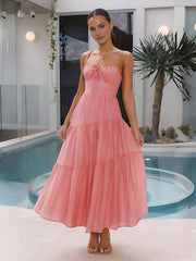 Semi-Sheer Back Smocking Design Tiered Cami Long Dress