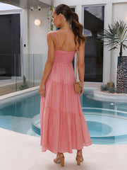 Semi-Sheer Back Smocking Design Tiered Cami Long Dress