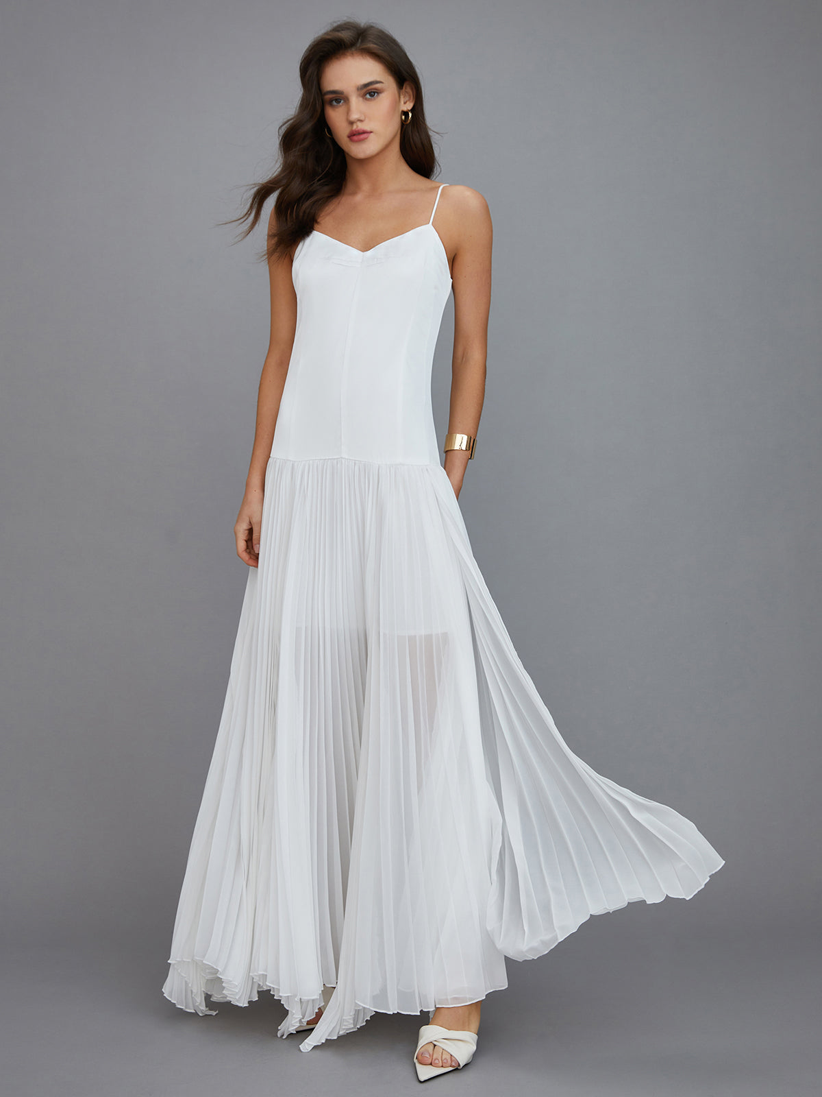 Semi-Sheer Pleated High-Low Maxi Dress