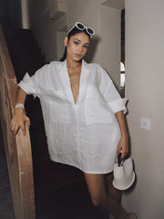 Oversized Linen Pockets Semi-Sheer Long Sleeve Dress