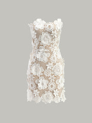 Strapless 3D Floral Lace Mini Dress with Removable Straps