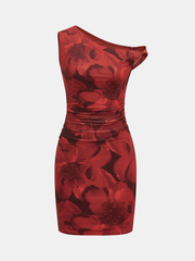 Floral Print One-Shoulder Ruched Bodycon Dress