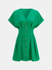 Cotton-Linen Pleated Button-Front  Mini Dress