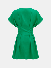 Cotton-Linen Pleated Button-Front  Mini Dress