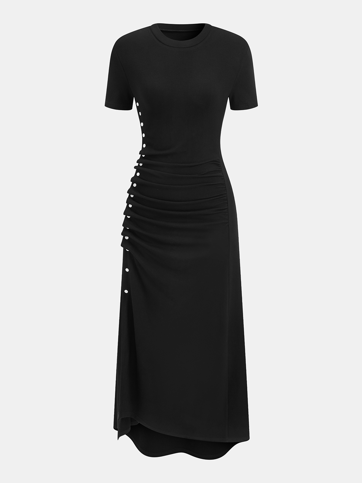 Short-Sleeve Ruched Side Button Detail Dress