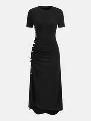 Short-Sleeve Ruched Side Button Detail Dress