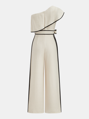 One-Shoulder Ruffle Contrast Piping Jumpsuit