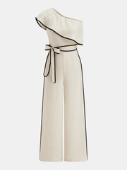 One-Shoulder Ruffle Contrast Piping Jumpsuit